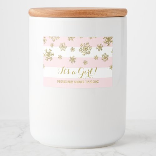 Gold Snow Pink Stripes Winter Baby Shower Food Label