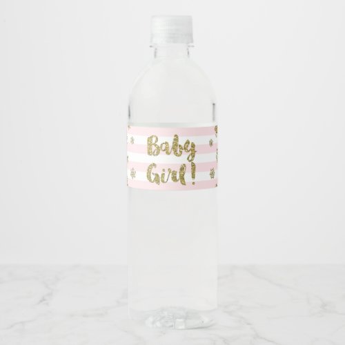 Gold Snow Pink Stripes Winter Baby Shower Water Bottle Label