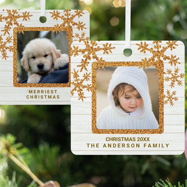 Gold Snowflake 2 Photo Chic Double Sided Metal Ornament (Creator Uploaded)