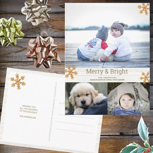 Gold Snowflake 3 Photo Collage Holiday Postcard