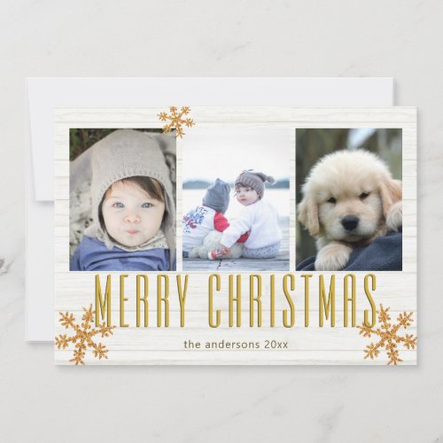 Gold Snowflake 3 Photo Collage Merry Holiday Card