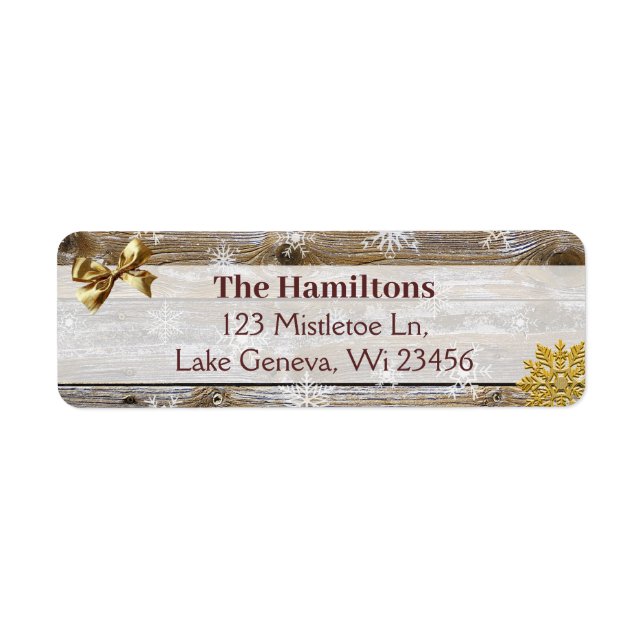 Gold Snowflake and Bow Wood Christmas or Holidays Label (Front)