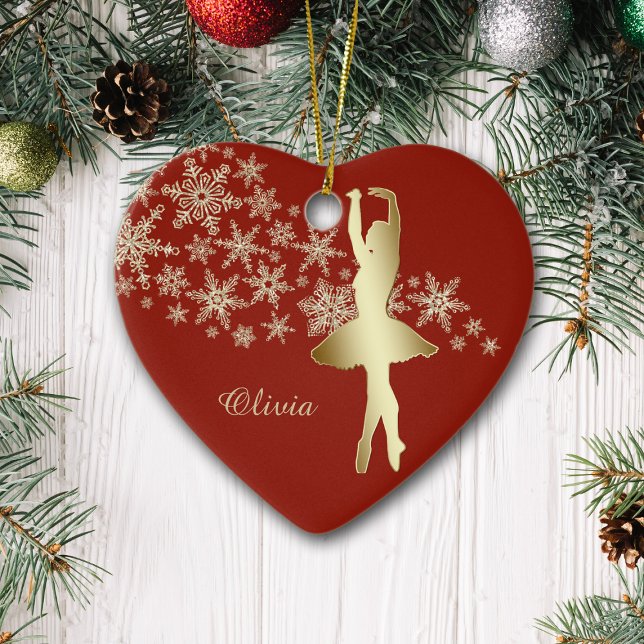 Gold Snowflake Ballerina Red Personalized Ceramic Ornament (Creator Uploaded)