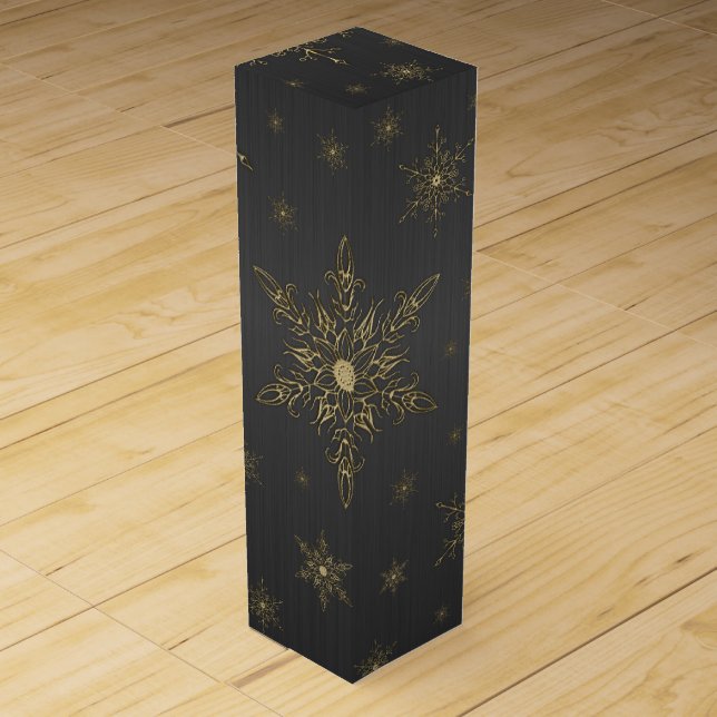 Gold Snowflake Black Metallic Wine Gift Box (Front)