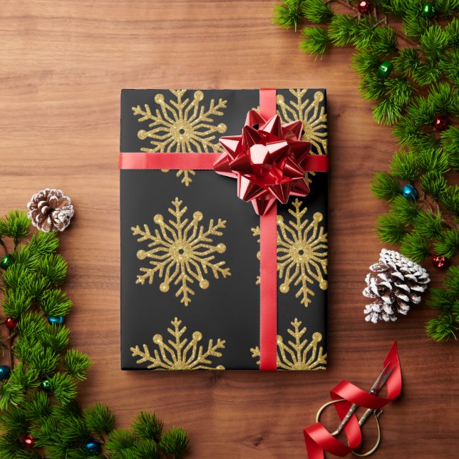 Gold Snowflake Black Wrapping Paper (Holiday Gift)