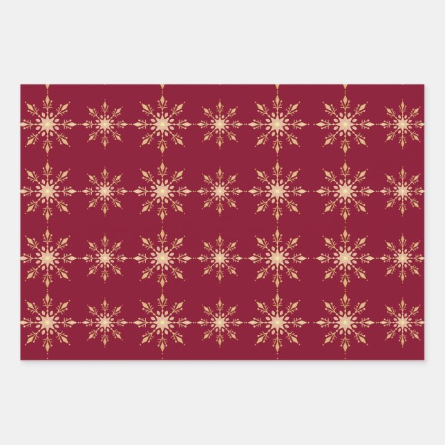 Gold Snowflake Blue Red Green Christmas Pattern Wrapping Paper Sheets (Front)