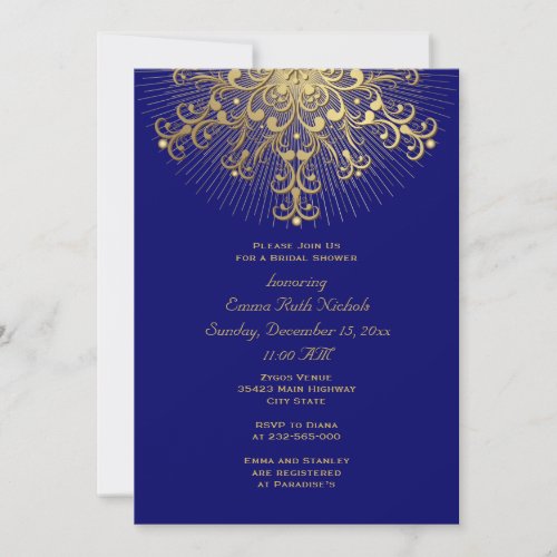 Gold snowflake blue winter wedding bridal shower invitation