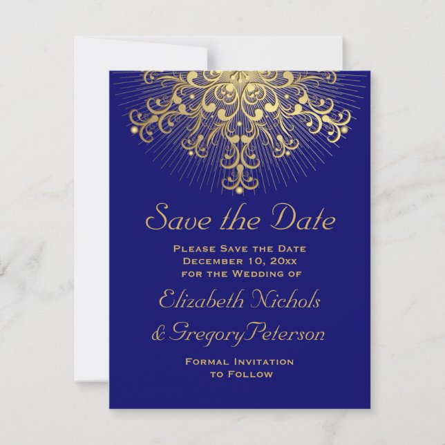 Gold snowflake blue winter wedding Save the Date (Front)