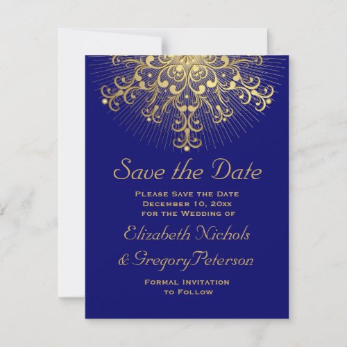 Gold snowflake blue winter wedding Save the Date