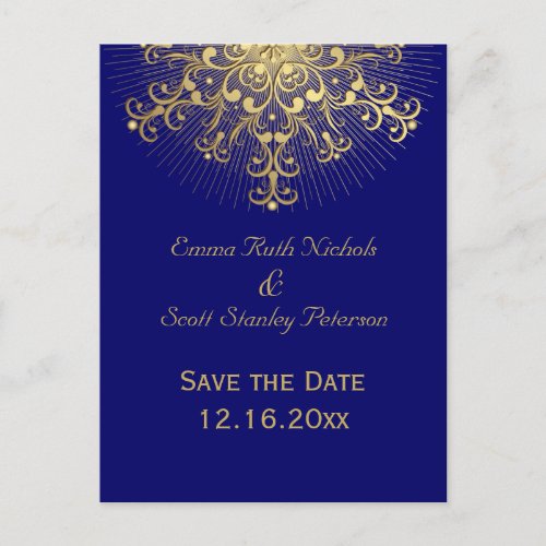 Gold snowflake blue winter wedding Save the Date Announcement Postcard