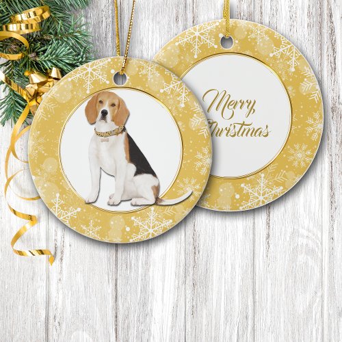 Gold Snowflake Border Beagle Dog Ceramic Ornament