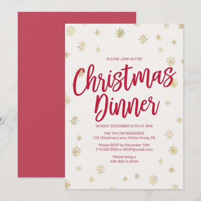 Gold Snowflake Christmas Dinner Invitation (Front/Back)