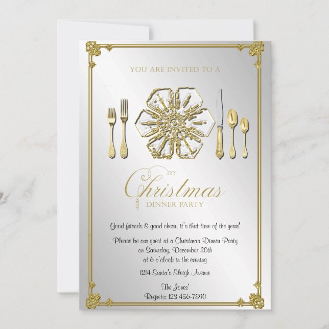 Gold Snowflake Christmas Dinner Party Invitation (Front)