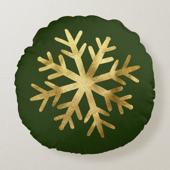 Gold Snowflake Christmas Round Pillow (Front)