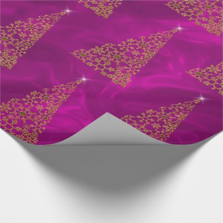 Gold Snowflake Christmas Trees on Pink Silk