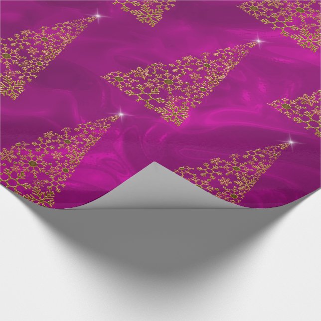 Gold Snowflake Christmas Trees on Pink Silk Wrapping Paper (Corner)