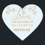 Gold Snowflake Crystals on Frosty Blue - Christmas Heart Sticker<br><div class="desc">A Christmas baking sticker with four elegant golden snowflakes with fancy crystalline shapes. A frosty light blue background.</div>