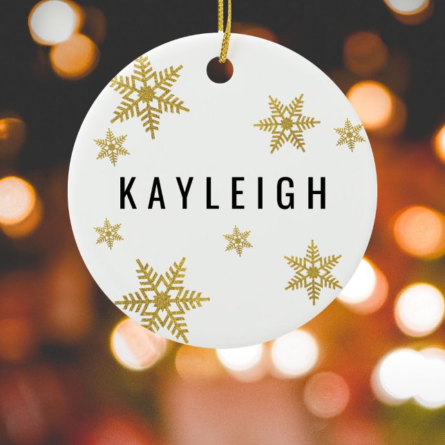 Gold Snowflake Custom Name & Photo Christmas Ceramic Ornament (Creator Uploaded)