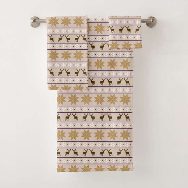 Gold Snowflake Deer Nordic Pattern Bath Towel Set (Insitu)