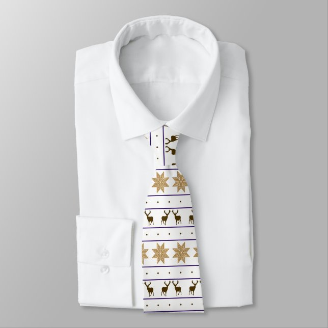 Gold Snowflake Deer Nordic Pattern Tie (Tied)