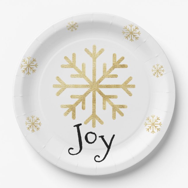 Gold Snowflake Elegant Black Modern Christmas Paper Plates (Front)
