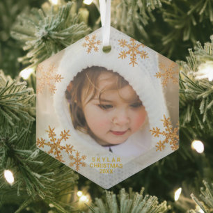 Gold Snowflake Elegant Minimalist Photo Glass Ornament