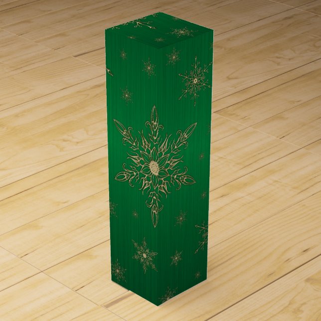 Gold Snowflake Green Metallic Wine Gift Box (Front)