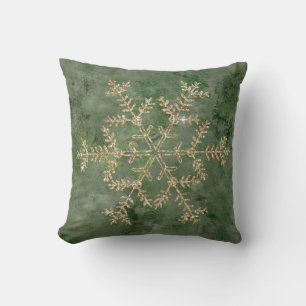 Gold Snowflake Green Stylish Vintage Throw Pillow