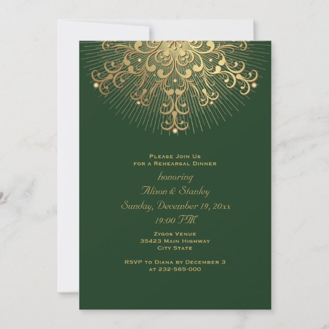 Gold snowflake green wedding rehearsal dinner invitation (Front)