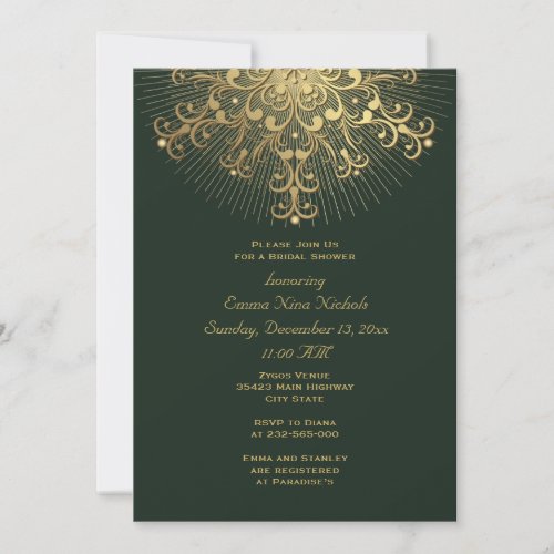 Gold snowflake green winter wedding bridal shower invitation
