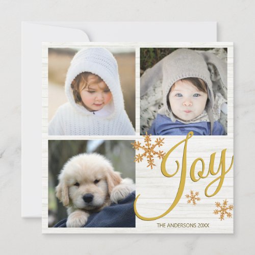 Gold Snowflake Joy Script 3 Photo Collage Holiday Card