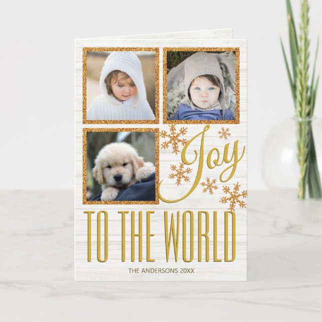 Gold Snowflake Joy To The World 3 Photo Holiday Card (Front)