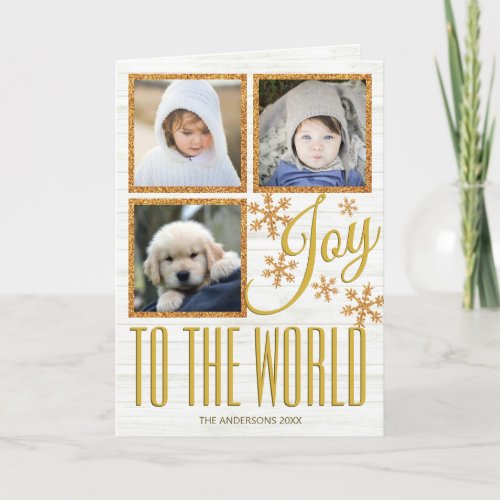 Gold Snowflake Joy To The World 3 Photo Holiday Card