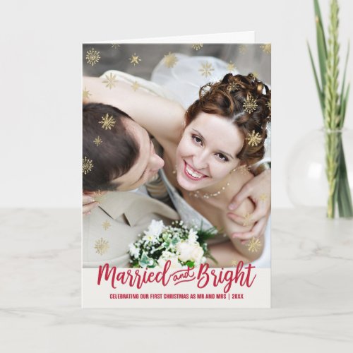 Gold Snowflake Married and Bright Christmas Photo Holiday Card