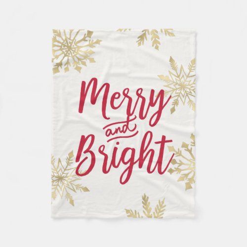 Gold Snowflake Merry and Bright Christmas Fleece Blanket