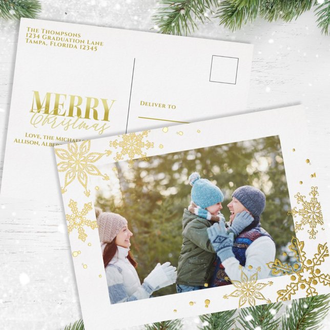 Gold Snowflake Merry Christmas One Photo Foil Holiday Postcard (Creator Uploaded)