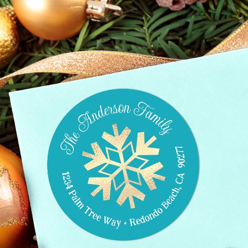 Gold Snowflake Modern Simple Turquoise Address Classic Round Sticker