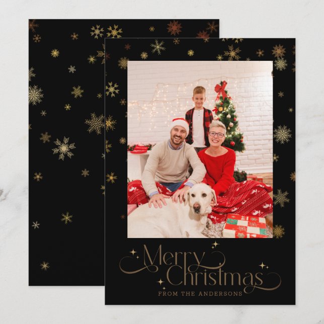 Gold Snowflake On Black Background Christmas Photo Holiday Card (Front/Back)