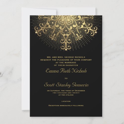 Gold snowflake on black elegant  winter wedding invitation