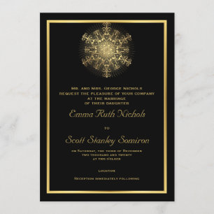 Gold snowflake on black elegant winter wedding invitation