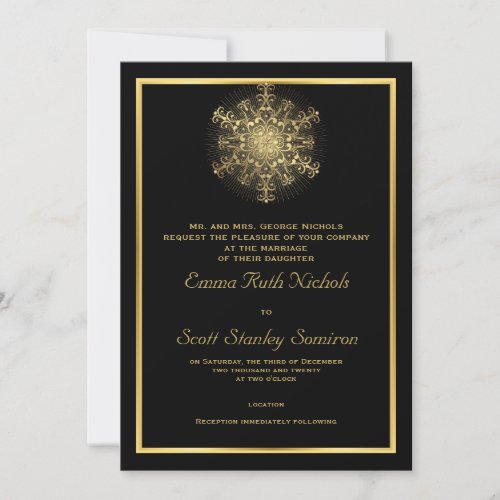 Gold snowflake on black elegant  winter wedding invitation