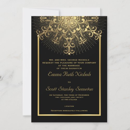 Gold snowflake on black elegant  winter wedding invitation