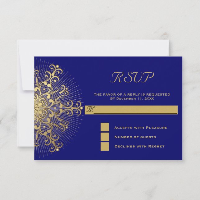 Gold snowflake on blue winter wedding RSVP reply Card (Front)