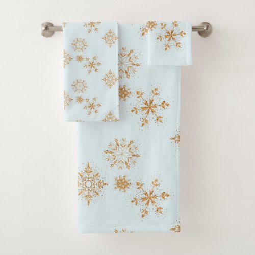 Gold Snowflake on Frosty Blue Christmas Pattern Bath Towel Set