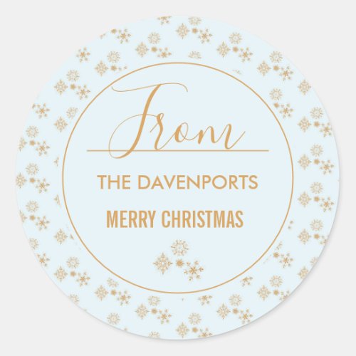 Gold Snowflake on Frosty Blue Christmas Pattern Classic Round Sticker
