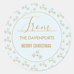 Gold Snowflake on Frosty Blue Christmas Pattern Classic Round Sticker