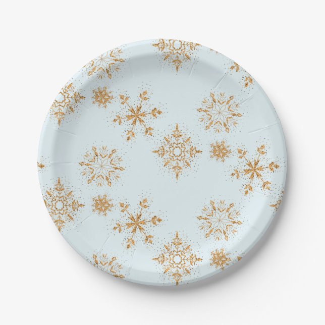 Gold Snowflake on Frosty Blue Christmas Pattern Paper Plates (Front)