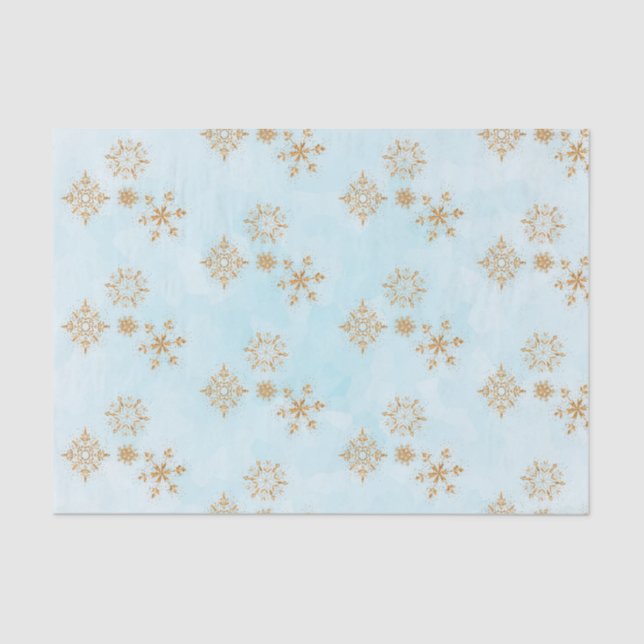 Gold Snowflake on Frosty Blue Christmas Pattern Tissue Paper (Front)