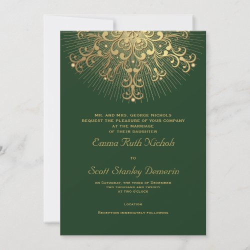 Gold snowflake on green elegant  winter wedding invitation