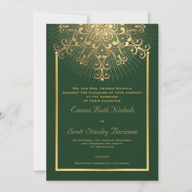Gold snowflake on green elegant  winter wedding invitation (Front)